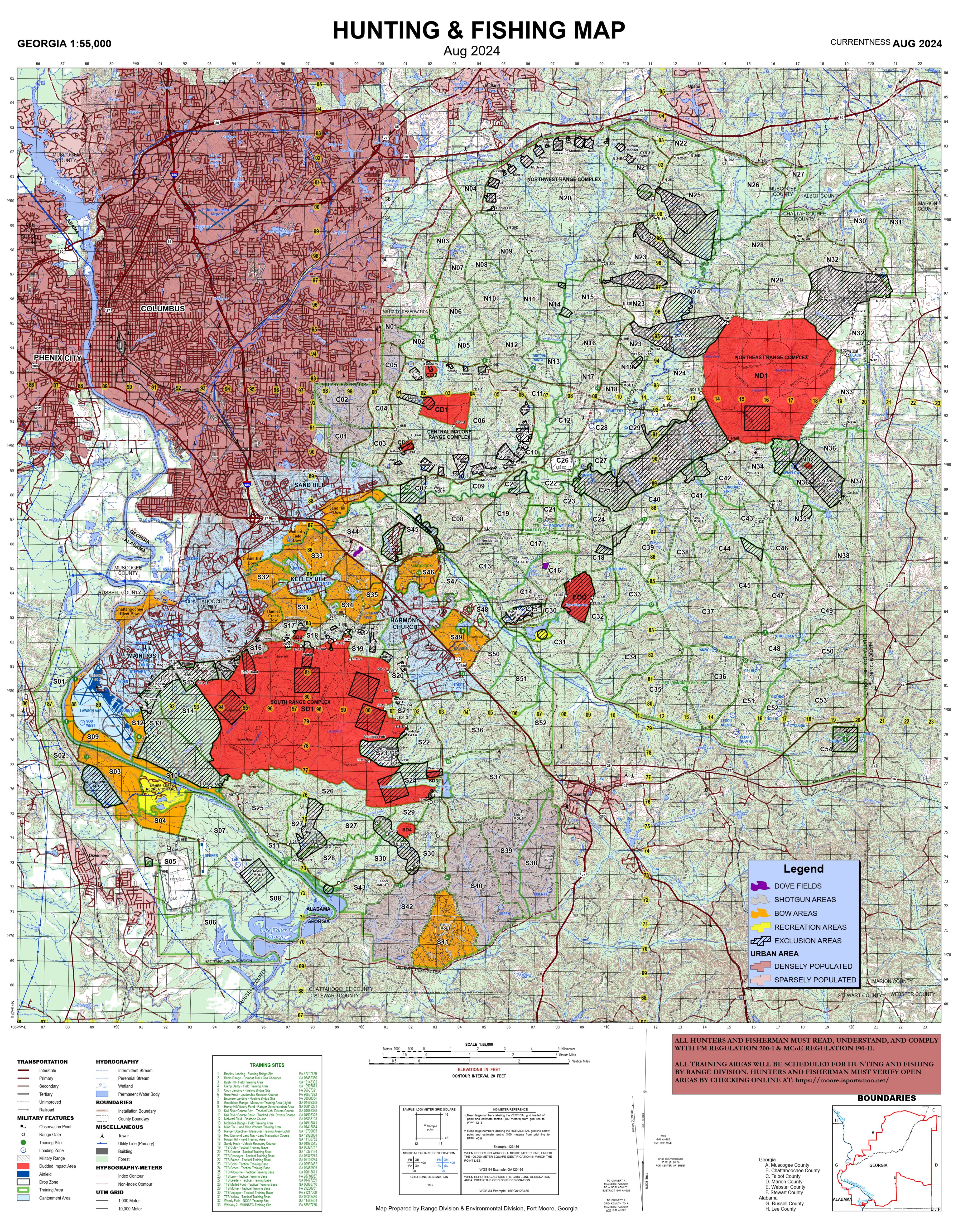 Fort Benning hunting and fishing map